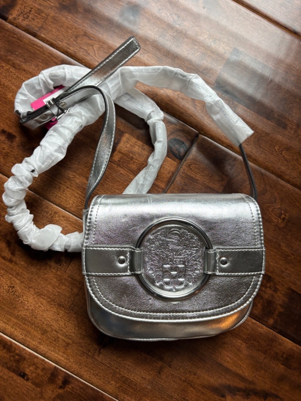 Vince Camuto Silver Metallic Crossbody with Embossed Medallion